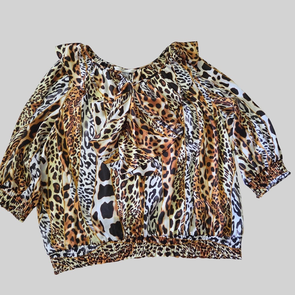 Peter Nygard Mixed Animal Leopard Print Ruffle Neck Smocked Peplum Blouse Top